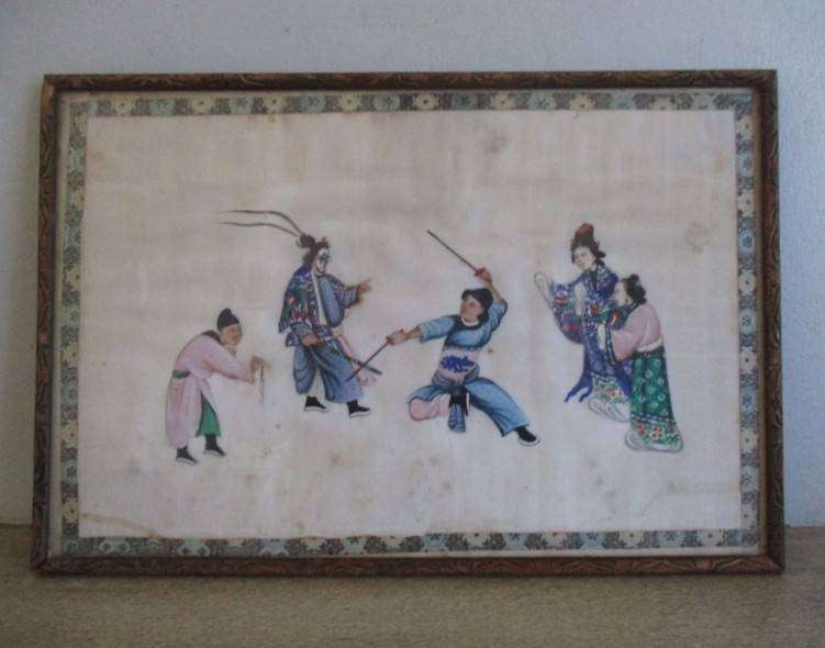 Set of two rare antique Canton Qing Dynasty original paintings depicting theatrical troupe