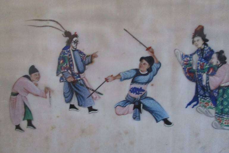Set of two rare antique Canton Qing Dynasty original paintings depicting theatrical troupe