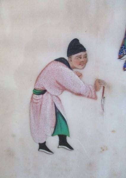 Set of two rare antique Canton Qing Dynasty original paintings depicting theatrical troupe