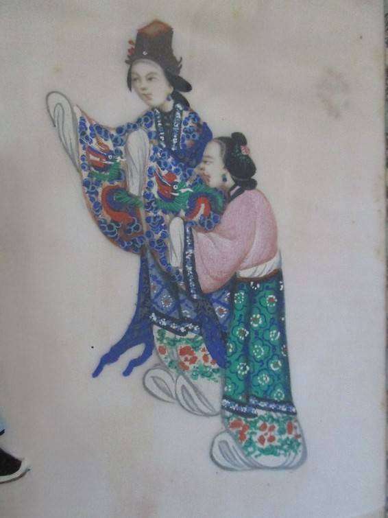 Set of two rare antique Canton Qing Dynasty original paintings depicting theatrical troupe