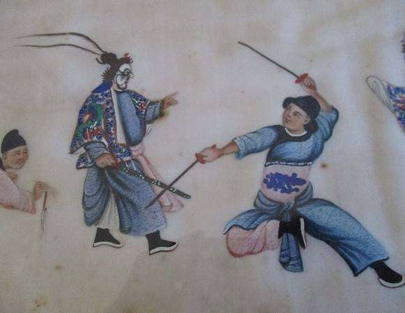 Set of two rare antique Canton Qing Dynasty original paintings depicting theatrical troupe