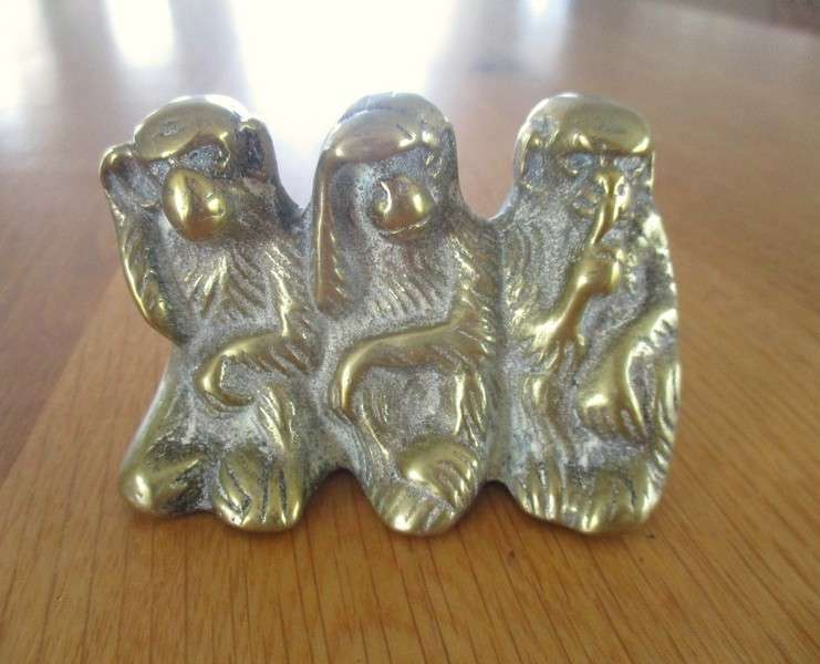 Three cute small solid brass monkeys - Hear no evil, see no evil, speak no evil