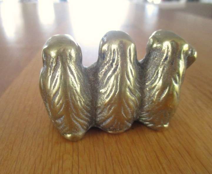 Three cute small solid brass monkeys - Hear no evil, see no evil, speak no evil