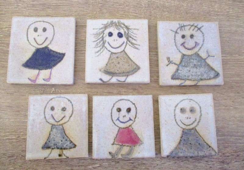 Six quirky, child like hand made miniature tiles - such a happy lot!