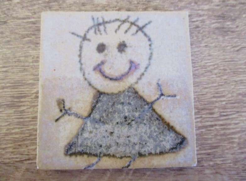 Six quirky, child like hand made miniature tiles - such a happy lot!