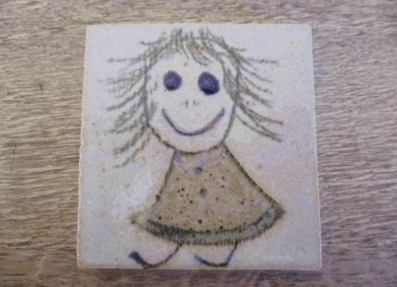Six quirky, child like hand made miniature tiles - such a happy lot!