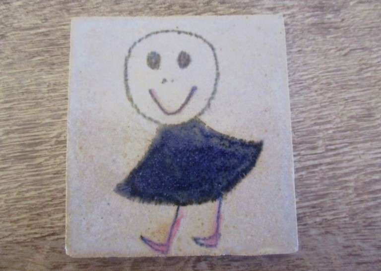 Six quirky, child like hand made miniature tiles - such a happy lot!