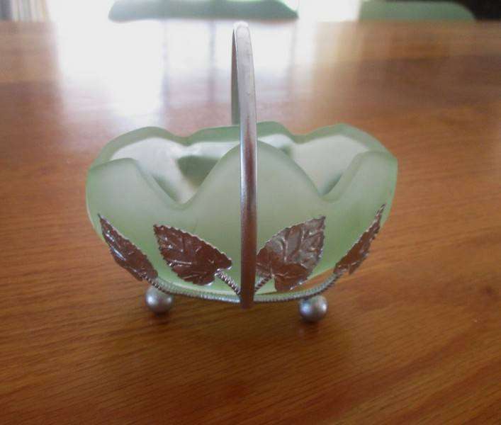 Beautiful silver metal and green glass bon bon/mint basket made in England