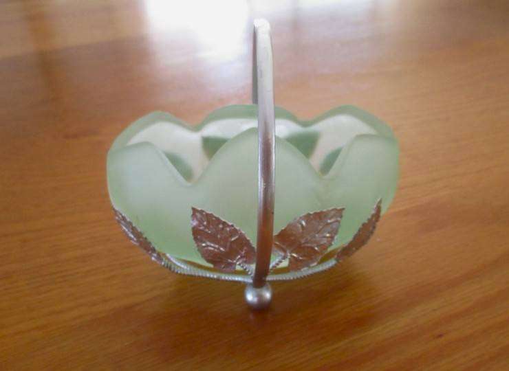 Beautiful silver metal and green glass bon bon/mint basket made in England