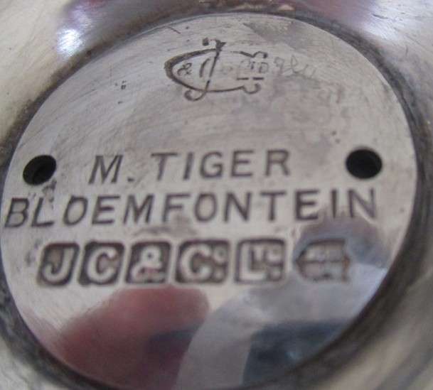 Unusual antique JC & CO silver plated goblet with crossed rifles plus vintage silver plated tankard