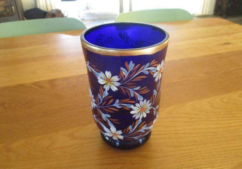 Beautiful large hand painted cobalt blue glass vase