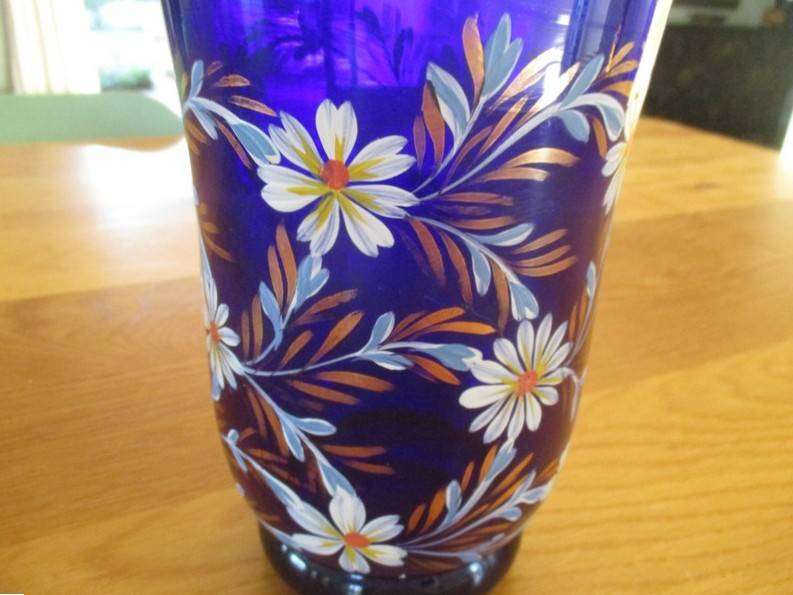 Beautiful large hand painted cobalt blue glass vase