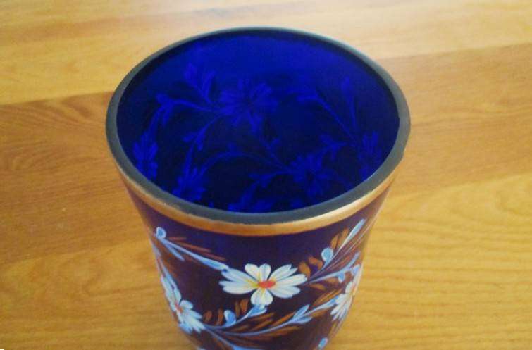 Beautiful large hand painted cobalt blue glass vase