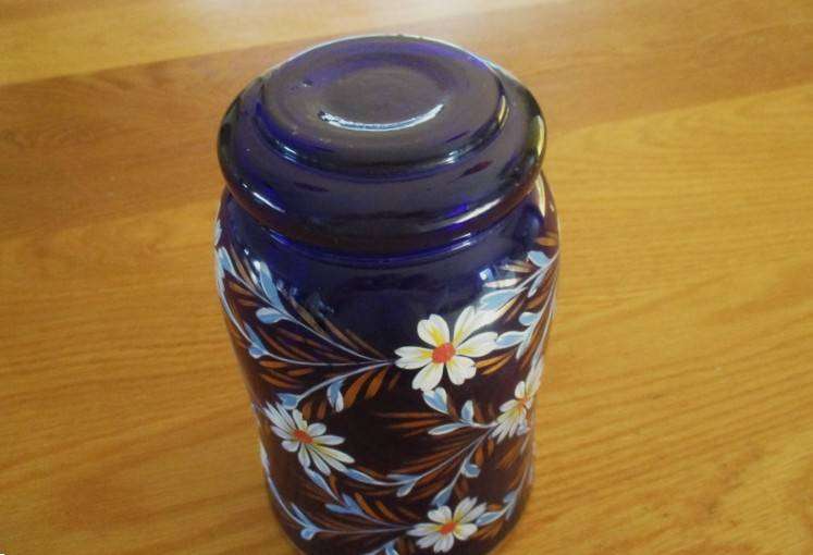 Beautiful large hand painted cobalt blue glass vase