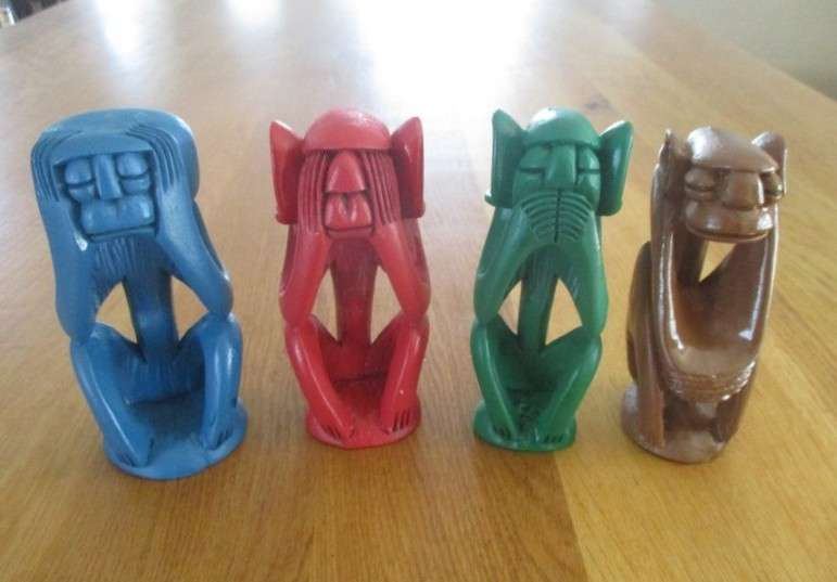Four Colourful hand carved & painted Wise Monkeys - African style - See, hear, speak and do no evil
