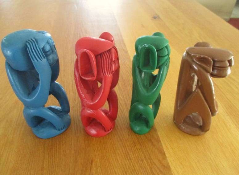 Four Colourful hand carved & painted Wise Monkeys - African style - See, hear, speak and do no evil