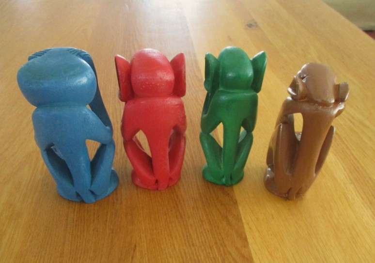 Four Colourful hand carved & painted Wise Monkeys - African style - See, hear, speak and do no evil