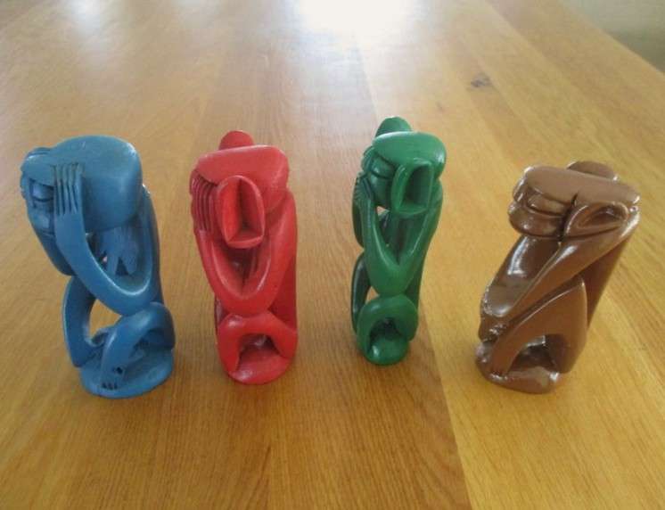 Four Colourful hand carved & painted Wise Monkeys - African style - See, hear, speak and do no evil
