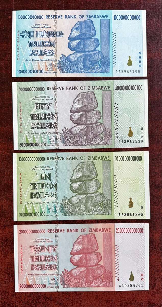 Trillion Dollar AA series Zimbabwe bank notes ( x4 )