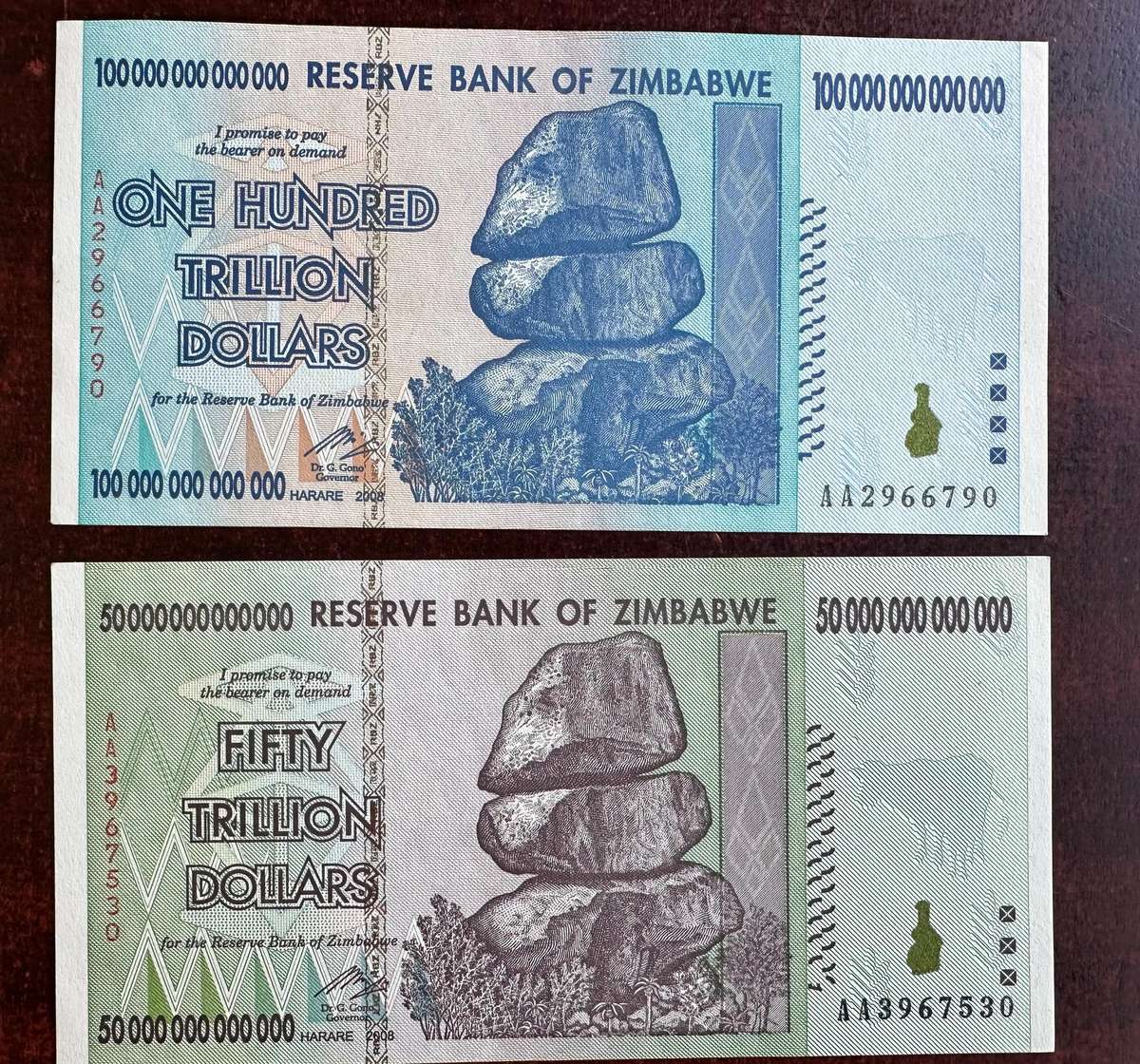 Trillion Dollar AA series Zimbabwe bank notes ( x4 )