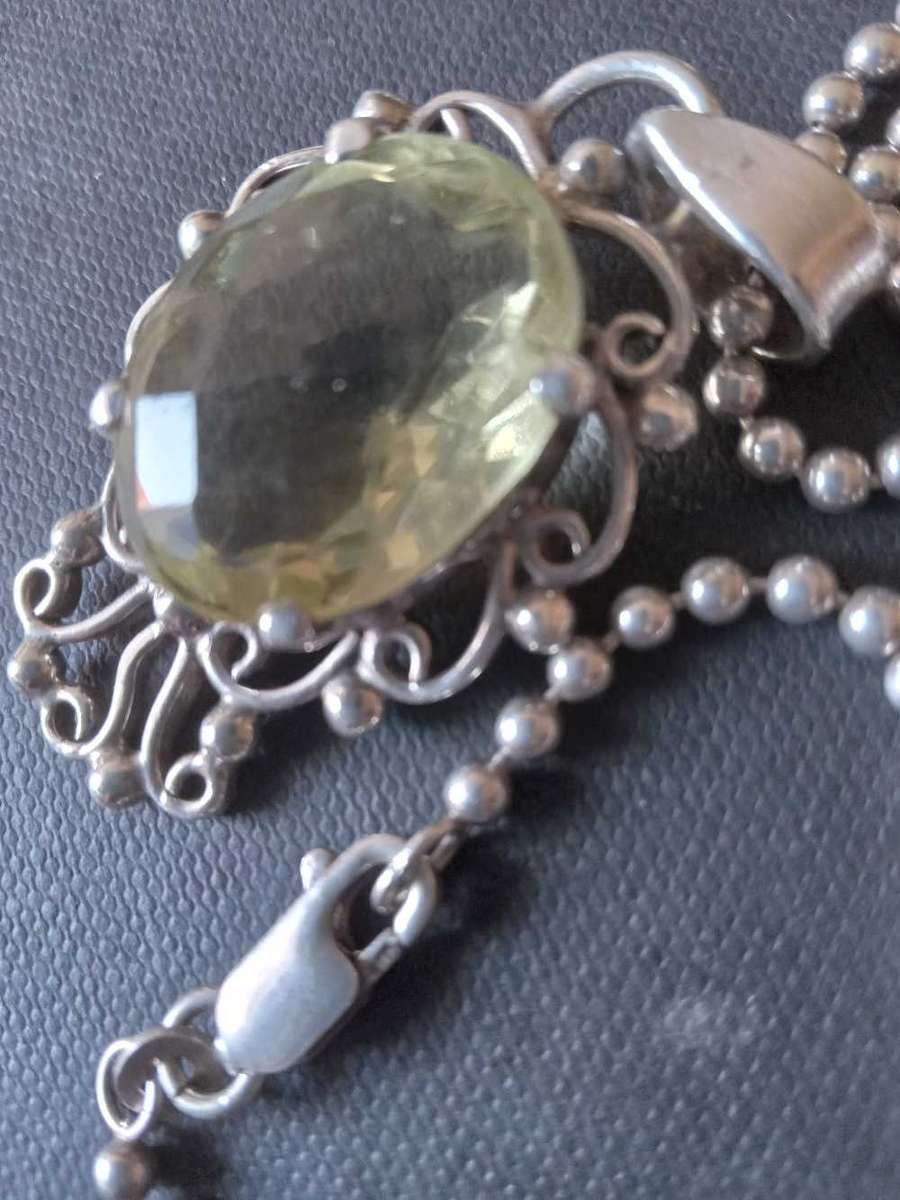 Sterling Silver And Large Natural Lemon Citrine Pendant And Chain