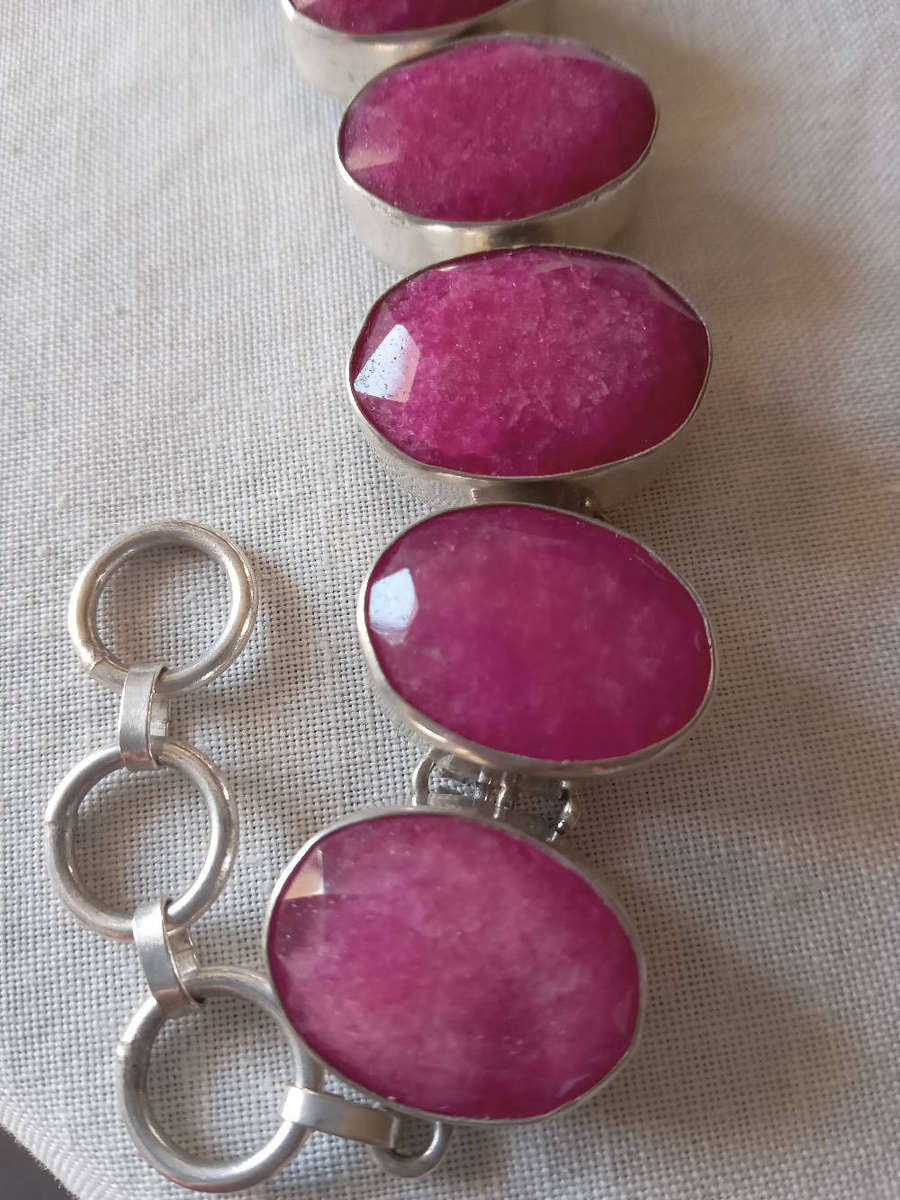 Genuine Ruby Quartz Gemstone Bracelet Set in Sterling Silver Over Copper