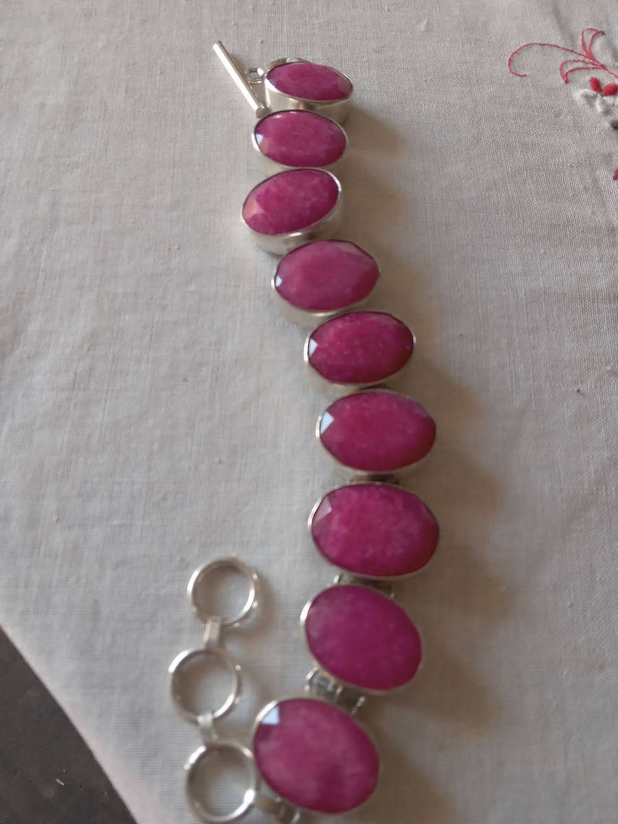 Genuine Ruby Quartz Gemstone Bracelet Set in Sterling Silver Over Copper