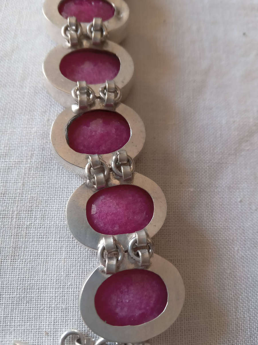 Genuine Ruby Quartz Gemstone Bracelet Set in Sterling Silver Over Copper
