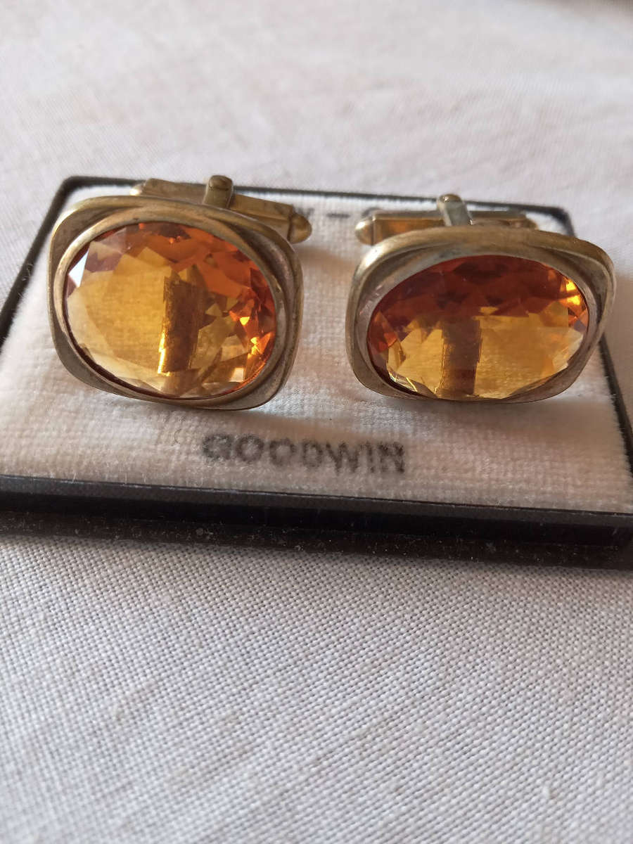 Pair Of Vintage Gold Filled Citrine Colour Cufflinks
