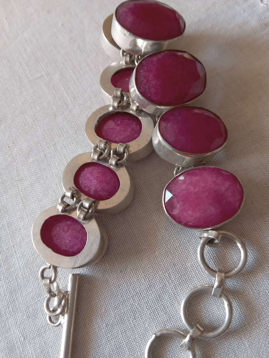 Genuine Ruby Quartz Gemstone Bracelet Set in Sterling Silver Over Copper