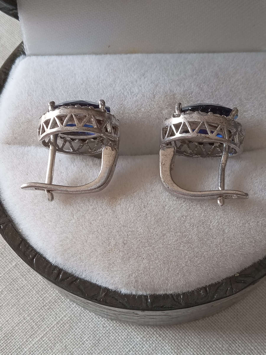 A Pair Of Sterling Silver Blue And White Cz Earrings