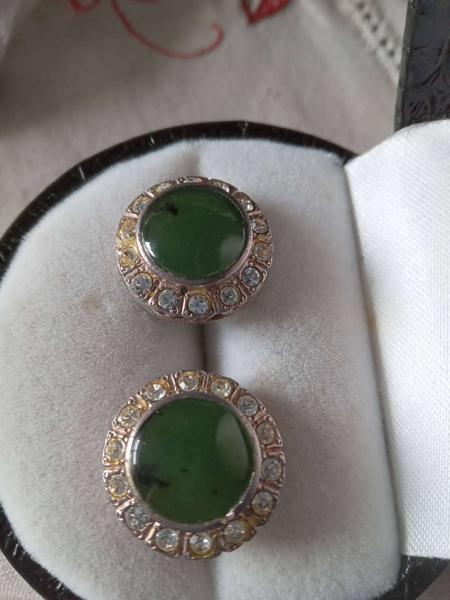 Vintage Silver Jade? And Cz Earrings