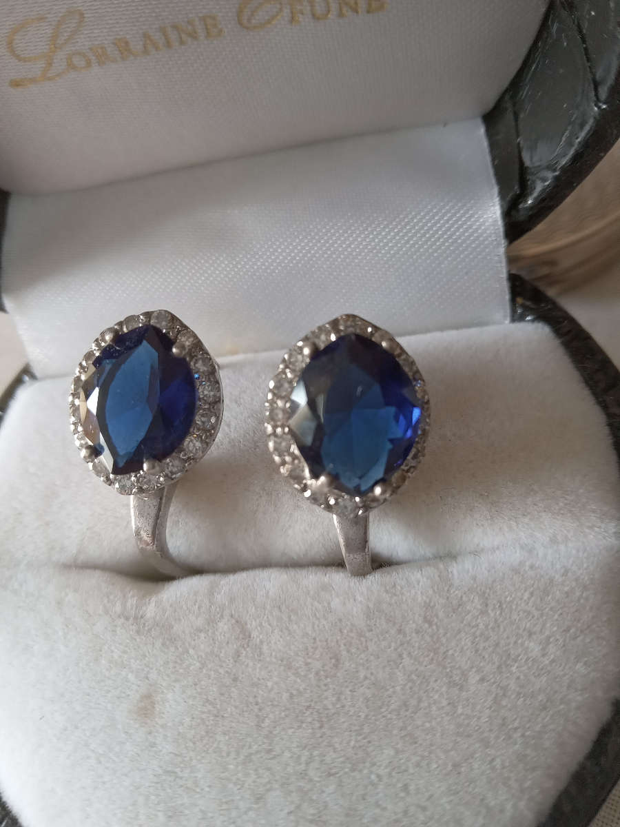 A Pair Of Sterling Silver Blue And White Cz Earrings