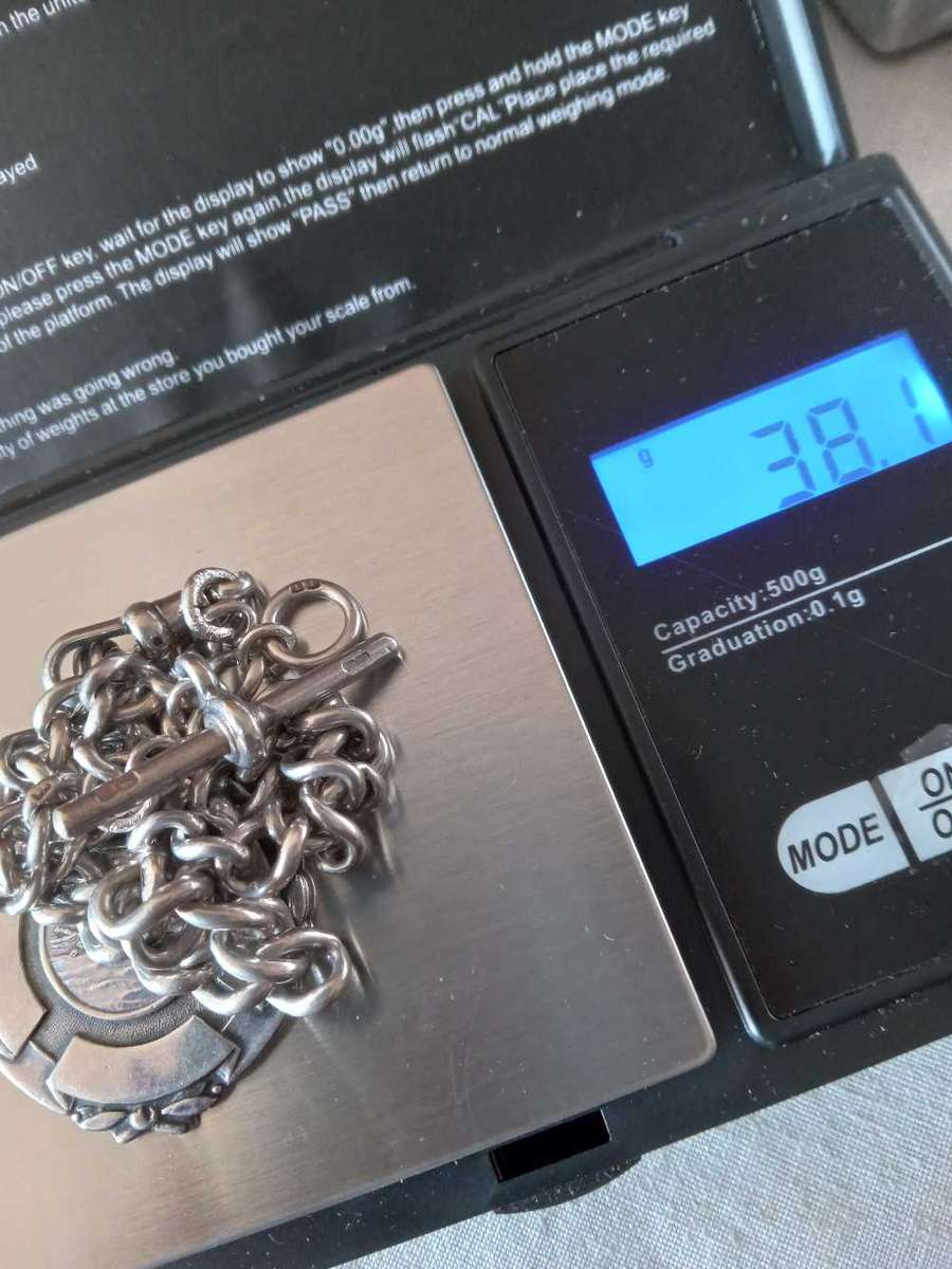 Antique Silver Fob Watch Chain With Medal And T-Bar