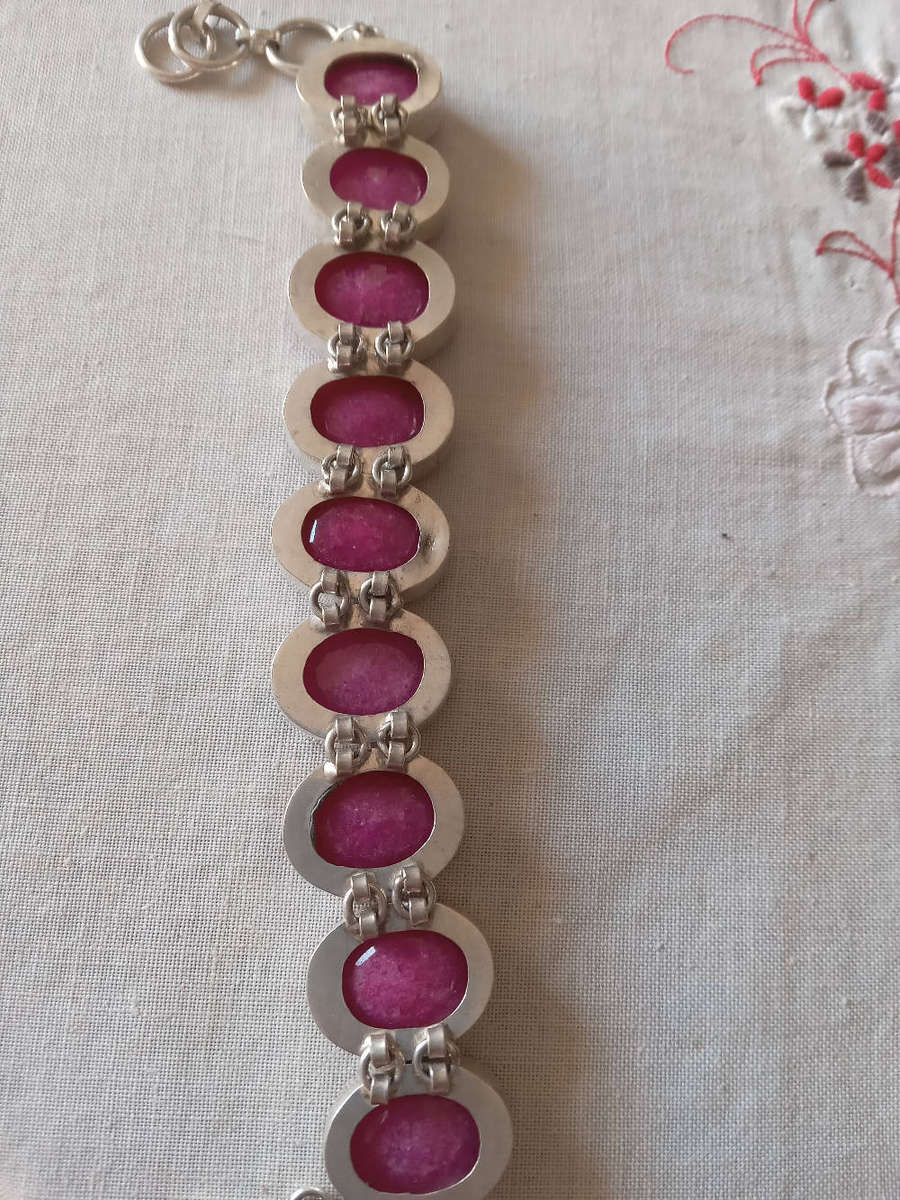 Genuine Ruby Quartz Gemstone Bracelet Set in Sterling Silver Over Copper