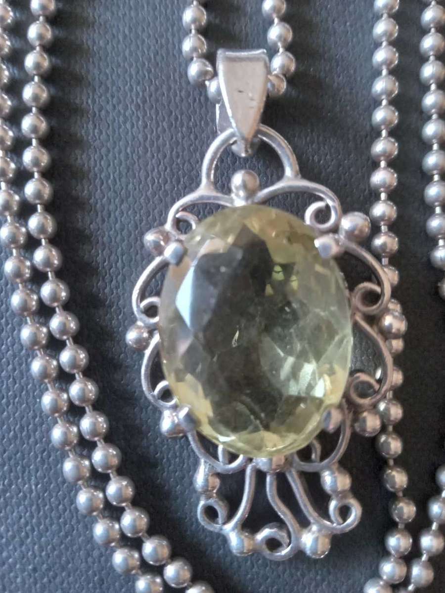 Sterling Silver And Large Natural Lemon Citrine Pendant And Chain