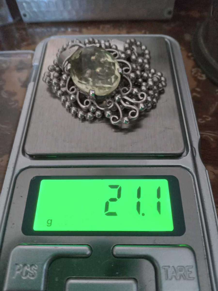 Sterling Silver And Large Natural Lemon Citrine Pendant And Chain