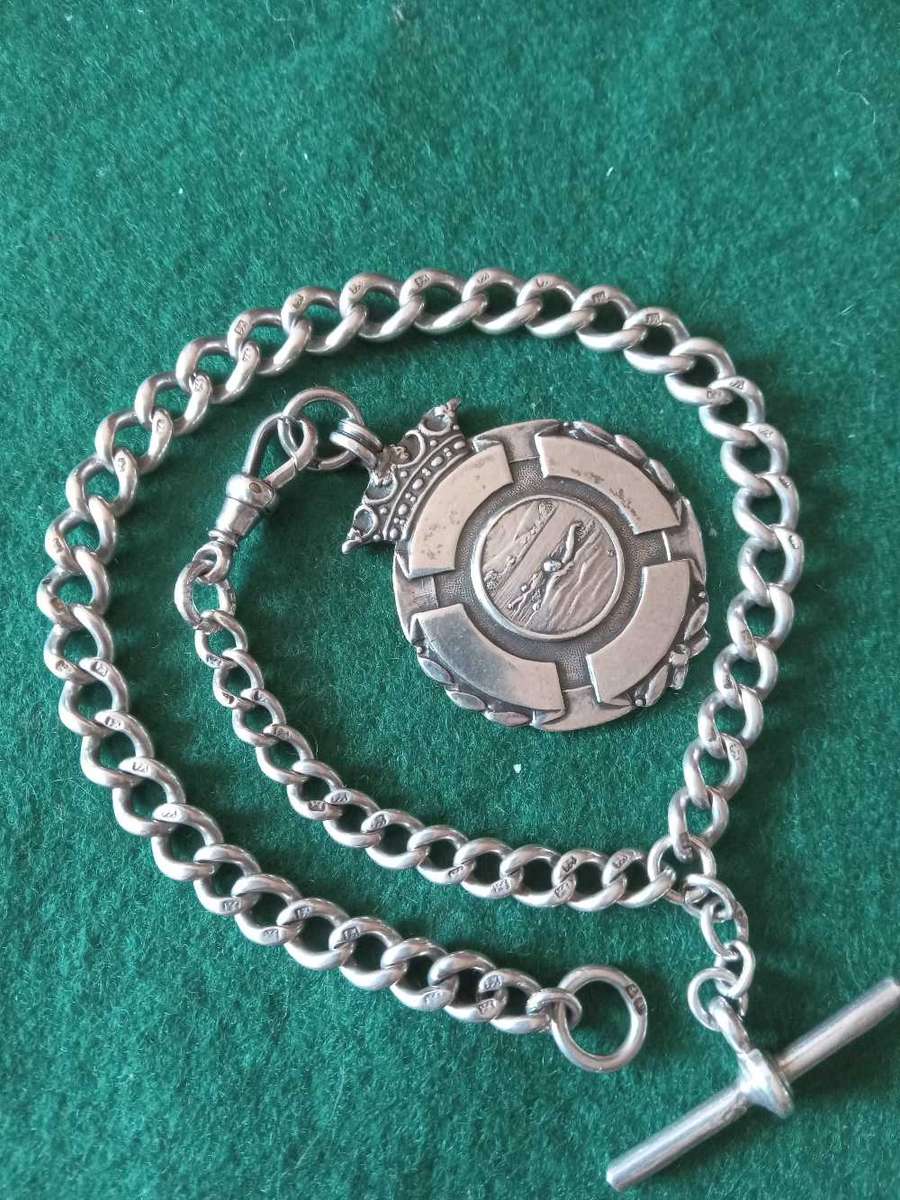 Antique Silver Fob Watch Chain With Medal And T-Bar