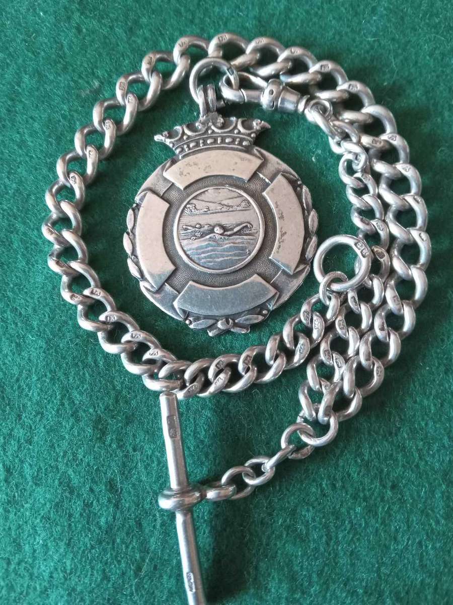 Antique Silver Fob Watch Chain With Medal And T-Bar