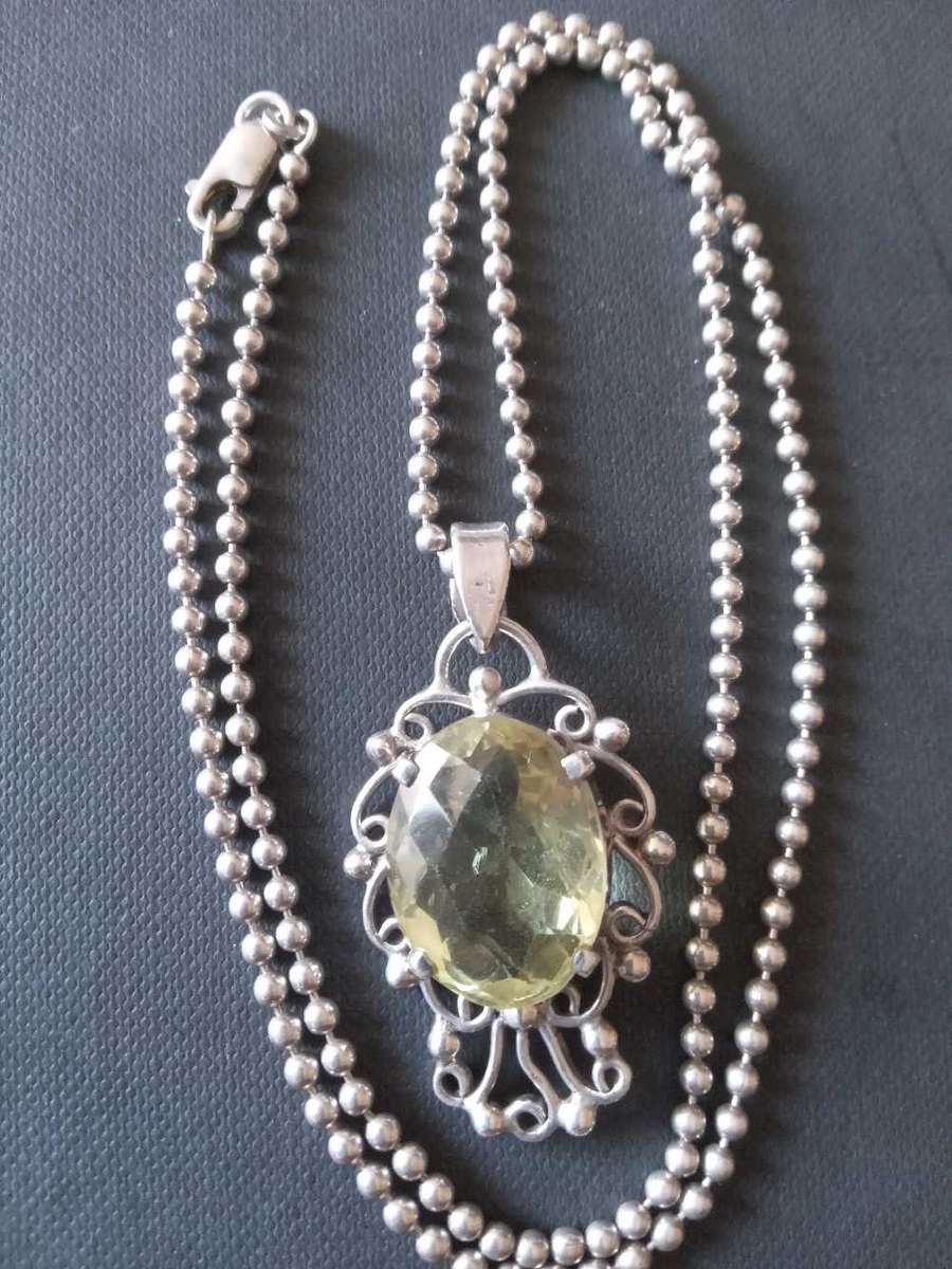 Sterling Silver And Large Natural Lemon Citrine Pendant And Chain