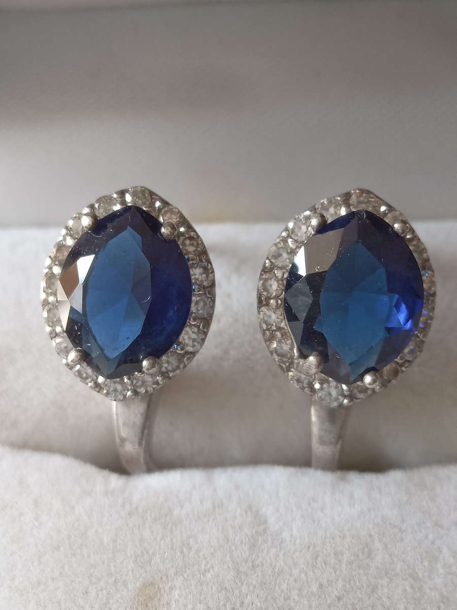 A Pair Of Sterling Silver Blue And White Cz Earrings