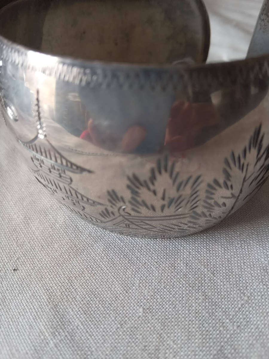Rare Vintage Sterling Silver Etched Chinese Cuff Bangle