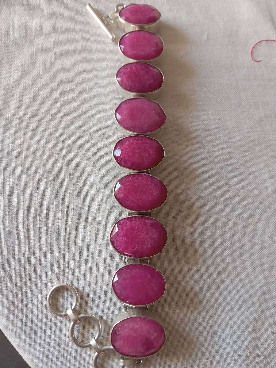 Genuine Ruby Quartz Gemstone Bracelet Set in Sterling Silver Over Copper
