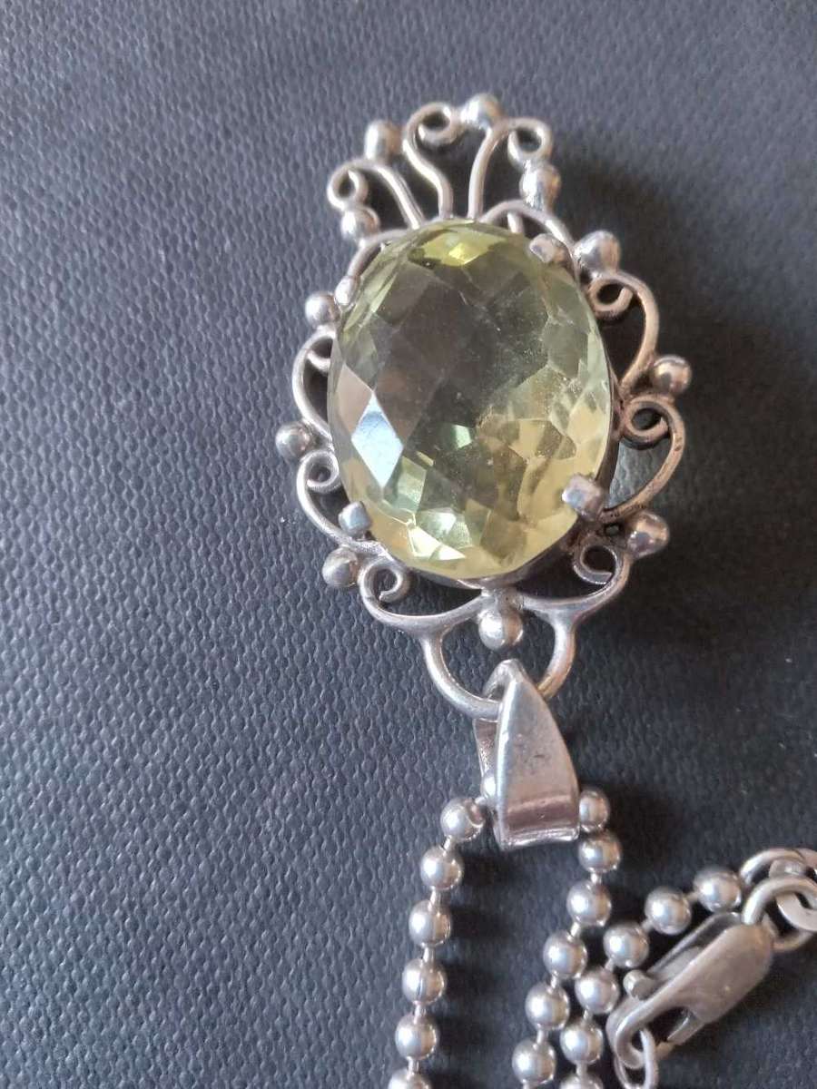 Sterling Silver And Large Natural Lemon Citrine Pendant And Chain