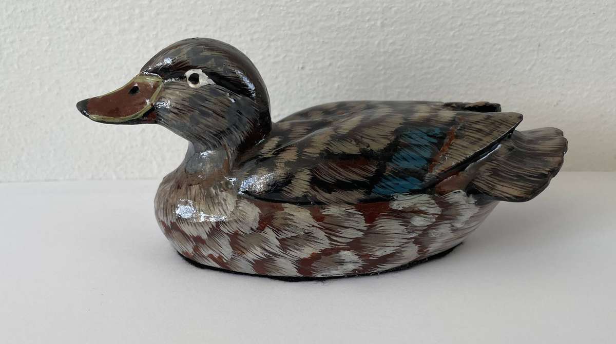 WOODEN HAND PAINTED DISPLAY DUCK - LENGTH  14.5CM