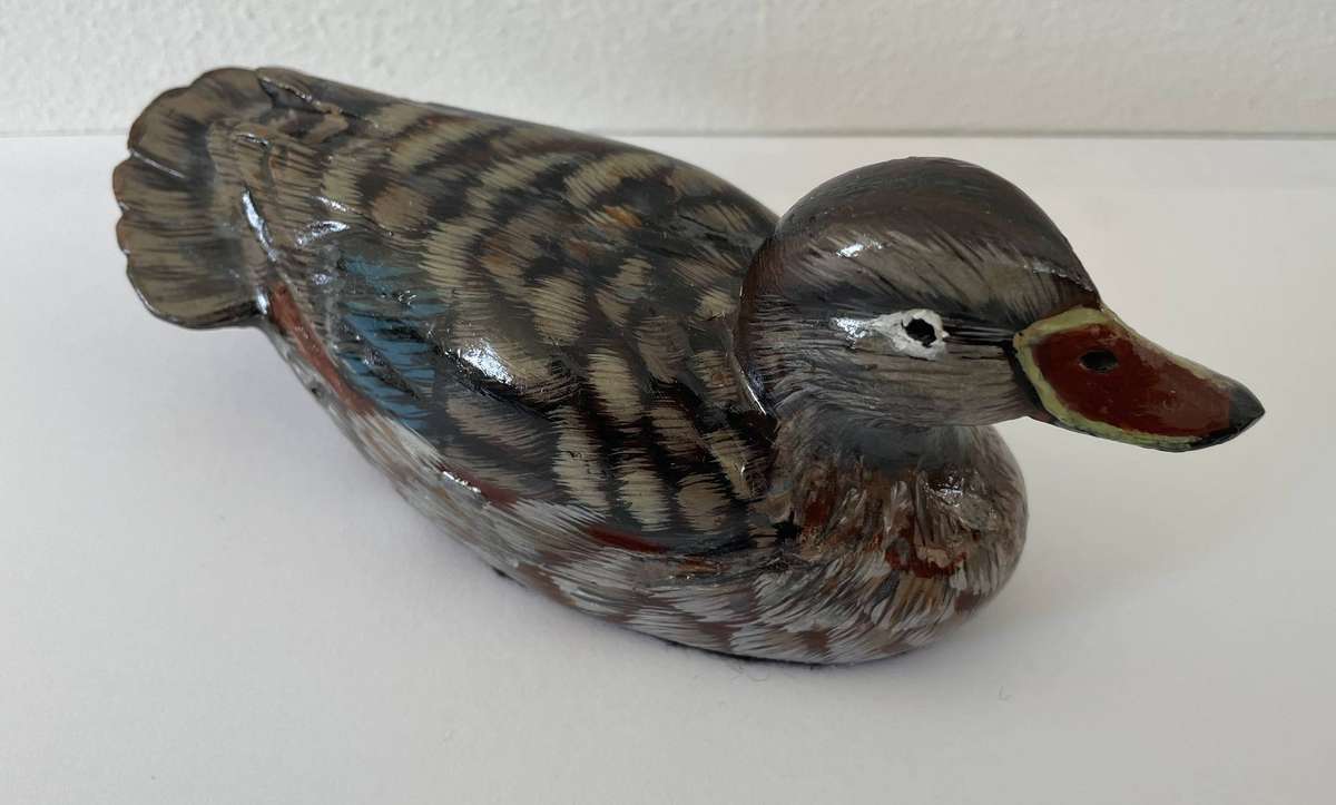 WOODEN HAND PAINTED DISPLAY DUCK - LENGTH  14.5CM