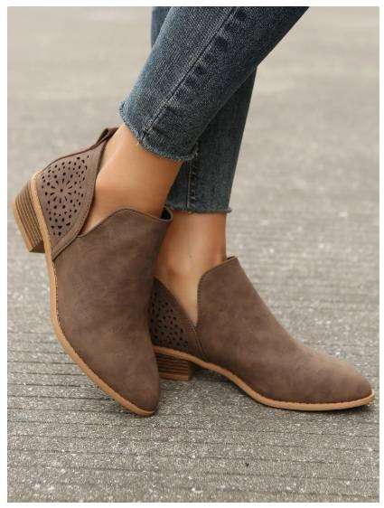 Ladies Hollow Out Point Toe Chunky Heeled Boots UK8