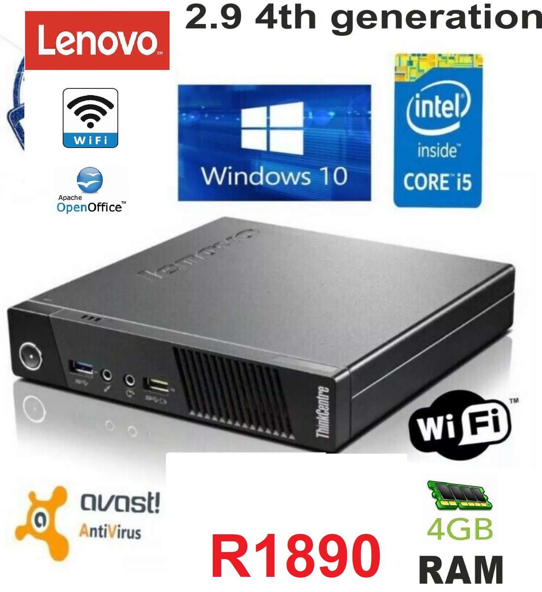 Lenovo ThinkCentre M73 Tiny, intel core i5-2.90ghz, 4GB, 128GB SSD, Win 10