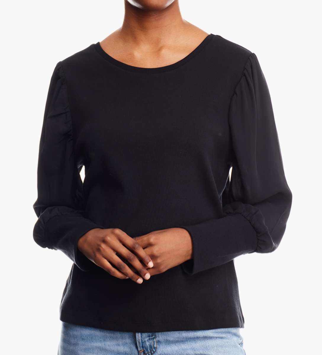 Black Crew Cuffed Blouse