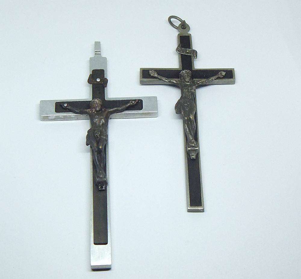 Two large detailed vintage metal crucifixes inlayed with wood